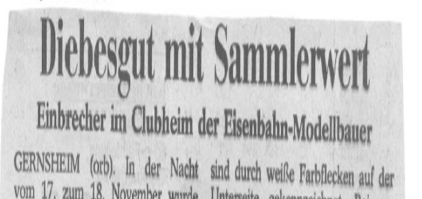 Historischer Zeitungsausschnitt mit der Überschrift „Diebesgut mit Sammlerwert“ über einen Einbruch in die Clubräume des MEC Gernsheim im November 1987.