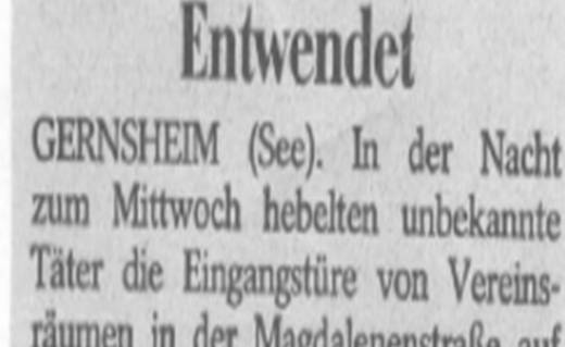 Historischer Zeitungsausschnitt mit der Überschrift „Entwendet“ über den Diebstahl von Modelleisenbahnen und Zubehör aus den Vereinsräumen des MEC Gernsheim im November 1987.