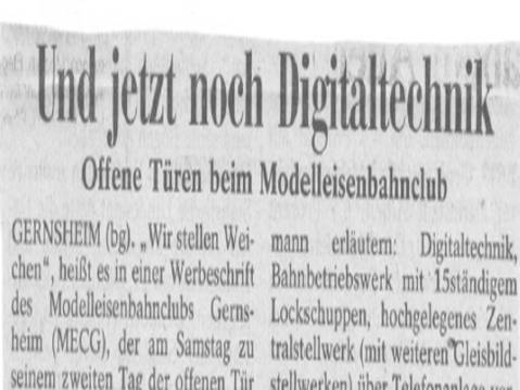 Historischer Zeitungsausschnitt mit der Überschrift „Und jetzt noch Digitaltechnik“ und dem Untertitel „Offene Türen beim Modelleisenbahnclub“. Der Artikel berichtet über die technische Weiterentwicklung der Vereinsanlage des MEC Gernsheim.