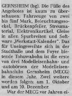 Erster Teil des Zeitungsartikels über die Modellbahn- und Modellautobörse des MEC Gernsheim