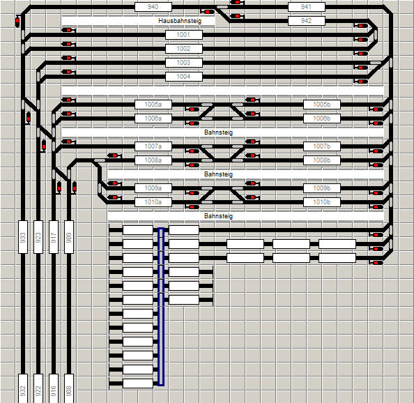 Digitales Gleisbild des Bahnhofsbereichs in Railware mit zahlreichen Bahnhofsgleisen, Weichen, Gleisnummern und Rückmeldeanzeigen.