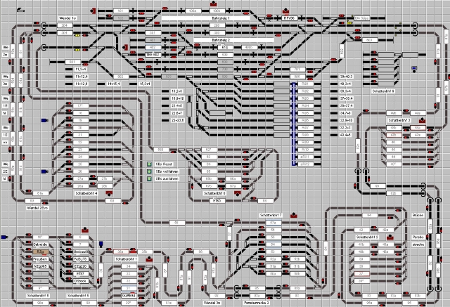 Historisches Railware-Gleisbild der MEC-Modellbahnanlage mit zentralem Bahnhof, zahlreichen Abstellgleisen und Schattenbahnhöfen