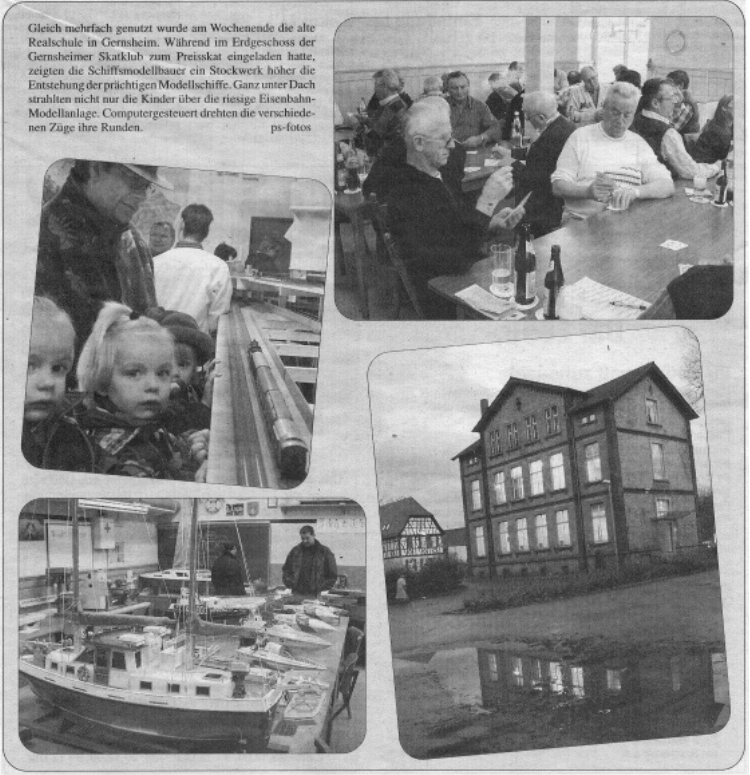 Historischer Zeitungsausschnitt über Veranstaltungen in der Alten Realschule Gernsheim mit Fotos der Modelleisenbahnanlage, des Schiffsmodellbaus, eines Skattreffens und des Schulgebäudes.