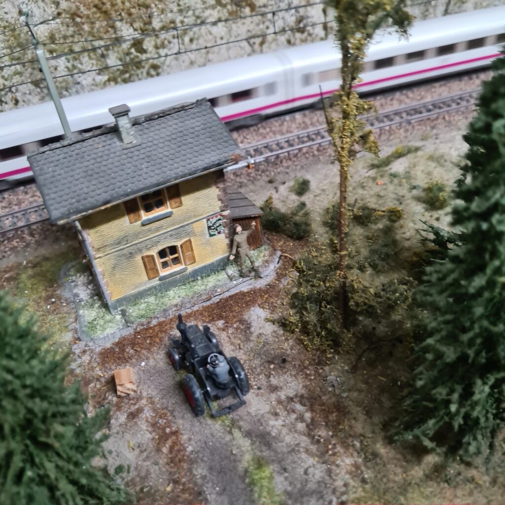 Kleines Haus an einer bewaldeten Bahnstrecke, während im Hintergrund ein ICE vorbeifährt.