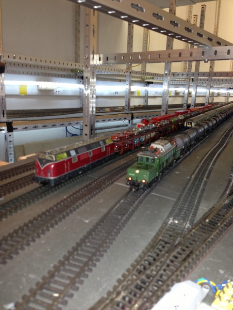 Mehrere Modellbahnzüge auf parallelen Gleisen, darunter eine rote Diesellokomotive und eine grüne Elektrolokomotive